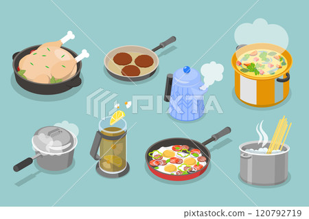 3D Isometric Flat Vector Set of Cooking Pans and Pots, Preparing Home Food 3D Isometric Flat Vector Set of Cooking Pans and Pots, Preparing Home Food 120792719