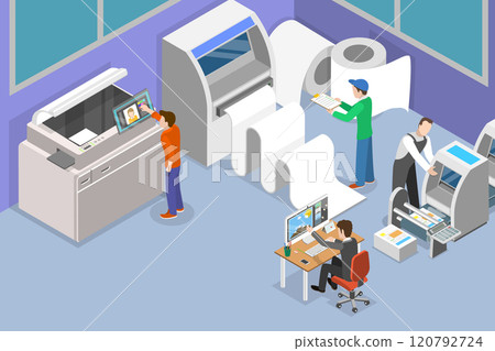 3D Isometric Flat Vector Illustration of Printing House, Employees In A Printing Office Are Busy With Their Tasks 3D Isometric Flat Vector Illustration of Printing House, Employees In A Printing Office Are Busy With Their Tasks 120792724