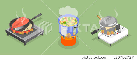 3D Isometric Flat Vector Set of Field Kitchen Elements, Cooking Food On Camp Stoves 3D Isometric Flat Vector Set of Field Kitchen Elements, Cooking Food On Camp Stoves 120792727