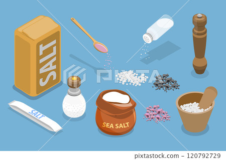 3D Isometric Flat Vector Set of Salt Containers and Other Items, Baking and Cooking Ingredient 3D Isometric Flat Vector Set of Salt Containers and Other Items, Baking and Cooking Ingredient 120792729