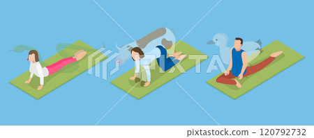 3D Isometric Flat Vector Illustration of Animal Yoga Poses, People Engaged In Animal-Inspired Yoga Exercises 120792732