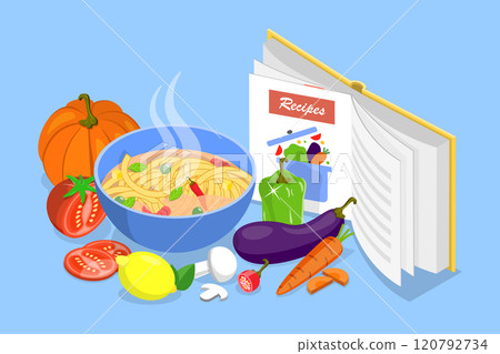 3D Isometric Flat Vector Illustration of Recipe Book, Homemade Preparation Food 3D Isometric Flat Vector Illustration of Recipe Book, Homemade Preparation Food 120792734