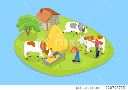 3D Isometric Flat Vector Illustration of Rural Countryside, Agricultural Worker Providing Sustenance To Livestock 120792735