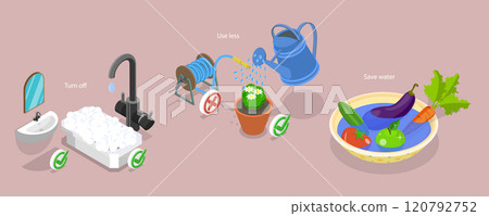 3D Isometric Flat Vector Illustration of Water Saving, Water Conservation And Saving Drinkable Resources 3D Isometric Flat Vector Illustration of Water Saving, Water Conservation And Saving Drinkable Resources 120792752