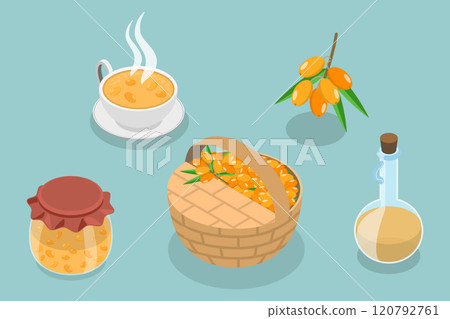 3D Isometric Flat Vector Illustration of Sea Buckthorn Products, Natural Product Set 120792761
