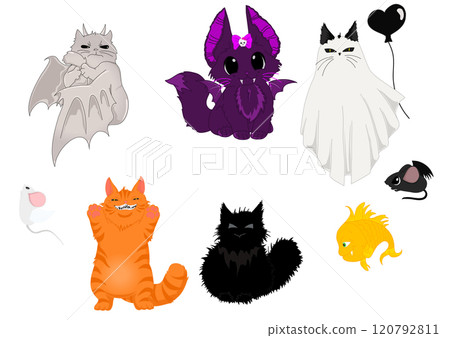 A collection of Halloween-themed cat illustrations, featuring cats dressed as a ghost, bat, and vampire, along with spooky details like a black balloon and eerie flames. A collection of Halloween-themed cat illustrations, featuring cats dressed as a ghost, bat, and vampire, along with spooky details like a black balloon and eerie flames. 120792811