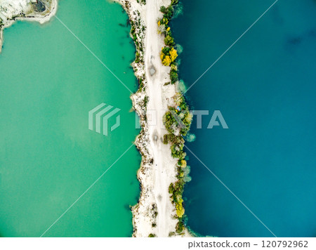 sandy shore with colourful water 120792962