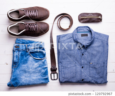 male jeans and shirt with brown belt and shoes male jeans and shirt with brown belt and shoes 120792967