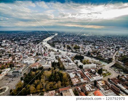 aerial view of the central part of Kutaisi with Rioni river 120792970