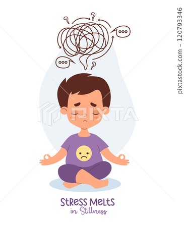 Thoughtful sad boy meditates sits in asana in lotus pose. Confused thoughts and tangled tangle, problem solving depression and sadness. Psychological concept finding solutions. Vector illustration 120793346