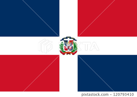 Dominican Republic flag in official colors, dimensions and aspect ratio. Vector flag symbolizing national pride, identity, heritage, patriotism and authority 120793410