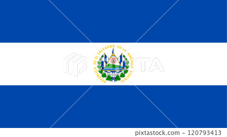 El Salvador flag in official colors, dimensions and aspect ratio. Vector flag symbolizing national pride, identity, heritage, patriotism and authority El Salvador flag in official colors, dimensions and aspect ratio. Vector flag symbolizing national pride, identity, heritage, patriotism and authority 120793413