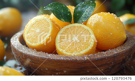 Fresh yellow lemons in a rustic wooden bowl, glistening with water droplets under soft natural light 120793476