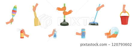 Hand with Cleaning Tool Do Domestic Chore Vector Set 120793602