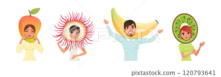 Man and Woman Character in Fruit Headdress and Head Wear Vector Set Man and Woman Character in Fruit Headdress and Head Wear Vector Set 120793641