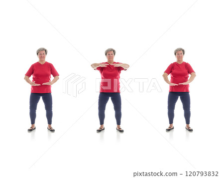 Tai chi forms performed by older woman 120793832