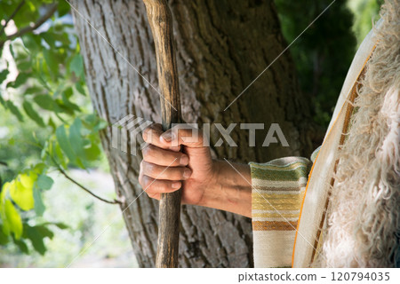Man's hand with old cane Man's hand with old cane 120794035