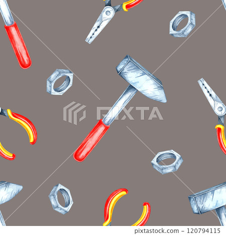 A seamless pattern with gray background featuring red-handled hammers, yellow pliers, and silver bolts in watercolor clipart style. Perfect for bold packaging, decor, and apparel designs 120794115
