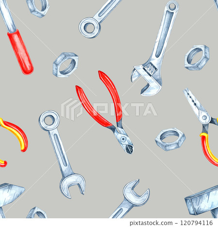 Gray background featuring silver bolts, wrenches, and pliers with red accents in a seamless watercolor pattern. Perfect for stationery, home decor, and DIY-themed textile prints. 120794116