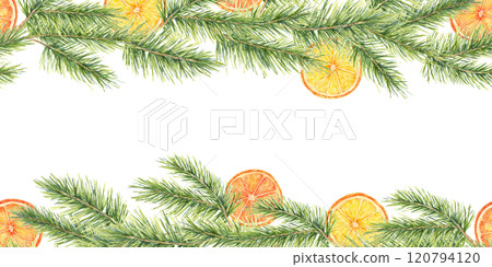 Green pine branches accented with orange slices in watercolor, seamless border clipart. This illustration is suitable for holiday cards, candle labels, and DIY crafts, adding a cozy seasonal charm 120794120