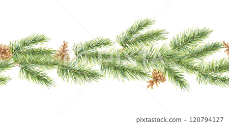 A seamless watercolor border of pine branches with realistic brown pine cones. Evergreen festive plant. This clipart is perfect for holiday decor, packaging, or gift tags, giving a rustic, earthy look 120794127