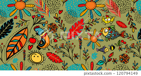 Seamless graphic pattern with birds, leaves, flowers and fish. hand drawing. Not AI, Vector illustration. Seamless graphic pattern with birds, leaves, flowers and fish. hand drawing. Not AI, Vector illustration. 120794149