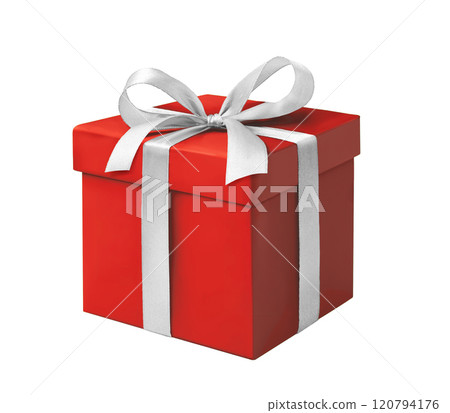 Gift box with silver ribbon on a white background. Gift box with silver ribbon on a white background. 120794176