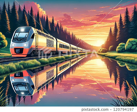 Vector illustration of a modern train traveling through a summer sunset landscape with a lake and green forest 120794197