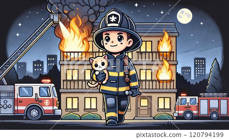 Male firefighter rescuing kitten from burning building. Cartoon night rescue scene with flames and smoke. Vector illustration 120794199
