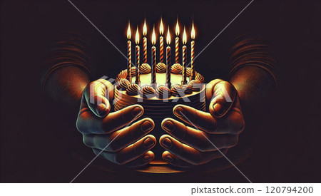 Male hands holding a birthday cake with candles in the dark, warm light illuminating the cake and hands. Festive atmosphere and celebration 120794200