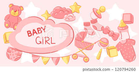 Baby shower frame. New born baby girl Happy Birthday. 120794260