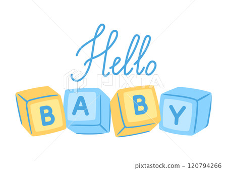 Baby shower greeting card. New born baby boy Happy Birthday. 120794266