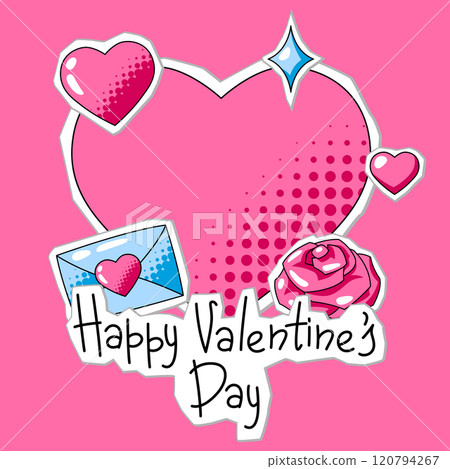 Happy Valentine Day greeting card. Holiday background with romantic stickers and love symbols. 120794267