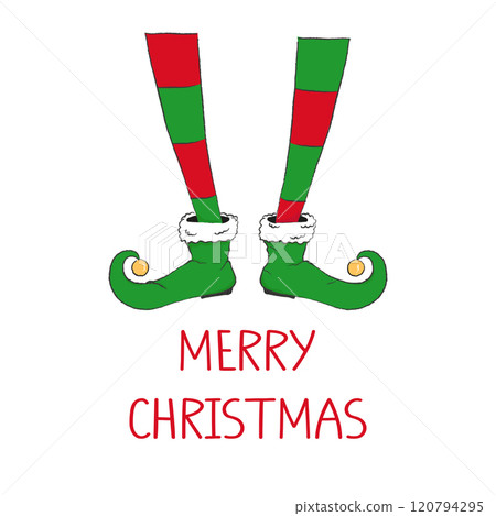 A simple Merry Christmas card. An illustration of an elf wearing striped socks and text. A simple Merry Christmas card. An illustration of an elf wearing striped socks and text. 120794295
