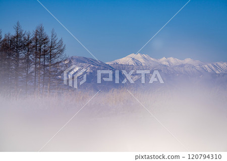 [Winter mountain materials] Snow-capped Northern Alps seen from Kirigamine in winter [Nagano Prefecture] 120794310