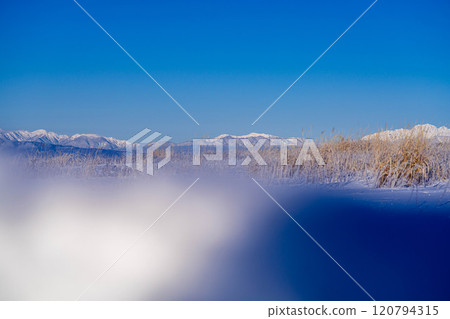[Winter mountain materials] Snow-capped Northern Alps seen from Kirigamine in winter [Nagano Prefecture] 120794315