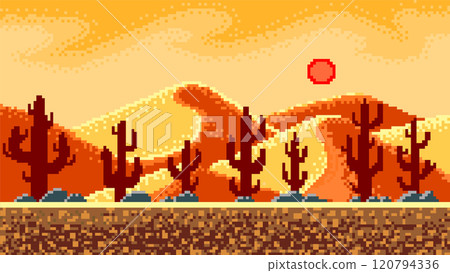 Cacti and mountains in the desert. Pixel art 8 bit objects. landscape background for the application 120794336