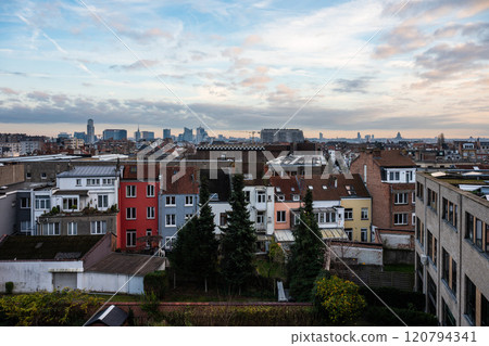 High angle view over green backyardsof a residential area in Jette, Belgium 120794341