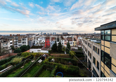 High angle view over green backyardsof a residential area in Jette, Belgium 120794342