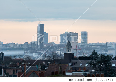 High angle view over a residential area with high rise showing the Brussels skyline, Belgium 120794344