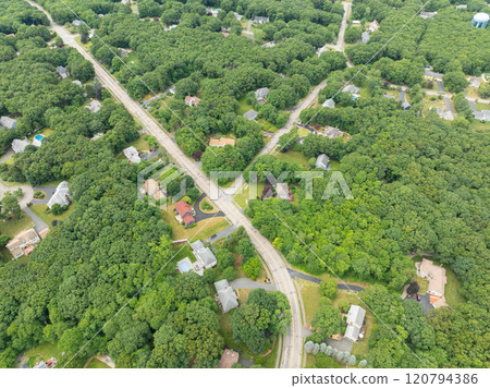 Aerial view of Suburban neighborhood Norfolk County, Massachusetts with green forest, with big villa 120794386