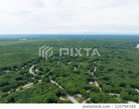 Aerial view of Suburban neighborhood Norfolk County, Massachusetts with green forest, with big villa Aerial view of Suburban neighborhood Norfolk County, Massachusetts with green forest, with big villa 120794388