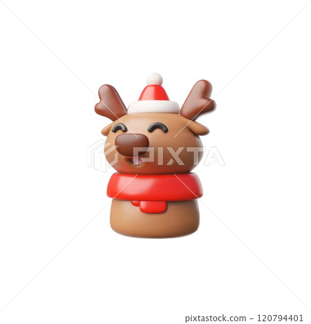 Smiling 3d deer with a red scarf in a festive hat on a white background 120794401