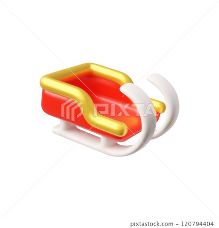 Cute 3d red and gold Santa Claus sleigh in a cartoon-style on a white background. 120794404