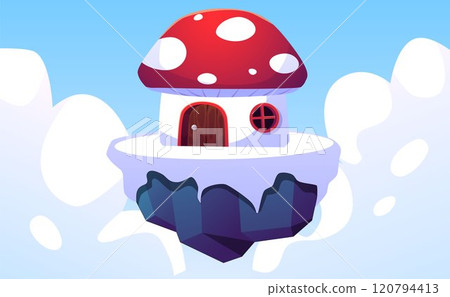 Illustration of a floating snow platform with a fly agaric house in the clouds. 120794413