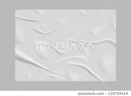 Paper wrinkled poster or flyer, glued wrinkles rectangle white sheet blank, vector horizontal wet crumpled paper sheet Paper wrinkled poster or flyer, glued wrinkles rectangle white sheet blank, vector horizontal wet crumpled paper sheet 120794424