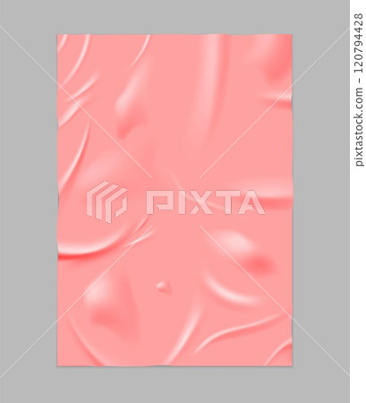 Paper wrinkled poster or flyer, glued creased rectangle pink sheet, vector realistic wet crumpled vertical paper blank Paper wrinkled poster or flyer, glued creased rectangle pink sheet, vector realistic wet crumpled vertical paper blank 120794428