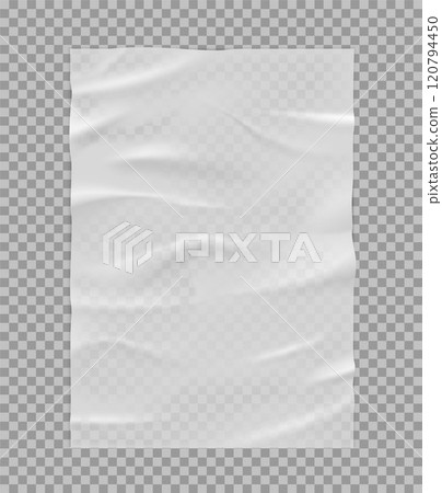 Moist paper wrinkled poster, wet paper sheet template with transparent crumpled texture, vector glued creased white tape Moist paper wrinkled poster, wet paper sheet template with transparent crumpled texture, vector glued creased white tape 120794450