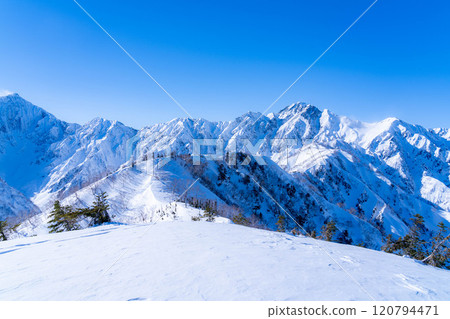 [Snowy mountain material] Landscape seen from Mt. Kotomi in winter [Nagano Prefecture] 120794471