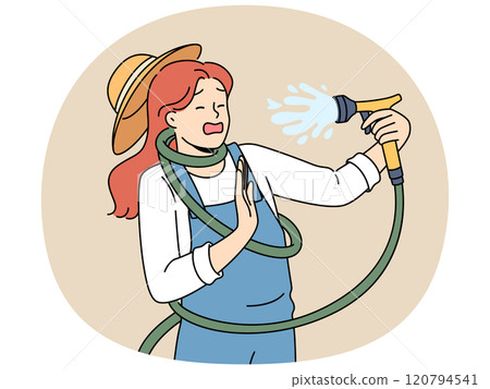 Clumsy woman with garden hose accidentally sprays herself with water while watering backyard lawn Clumsy woman with garden hose accidentally sprays herself with water while watering backyard lawn 120794541
